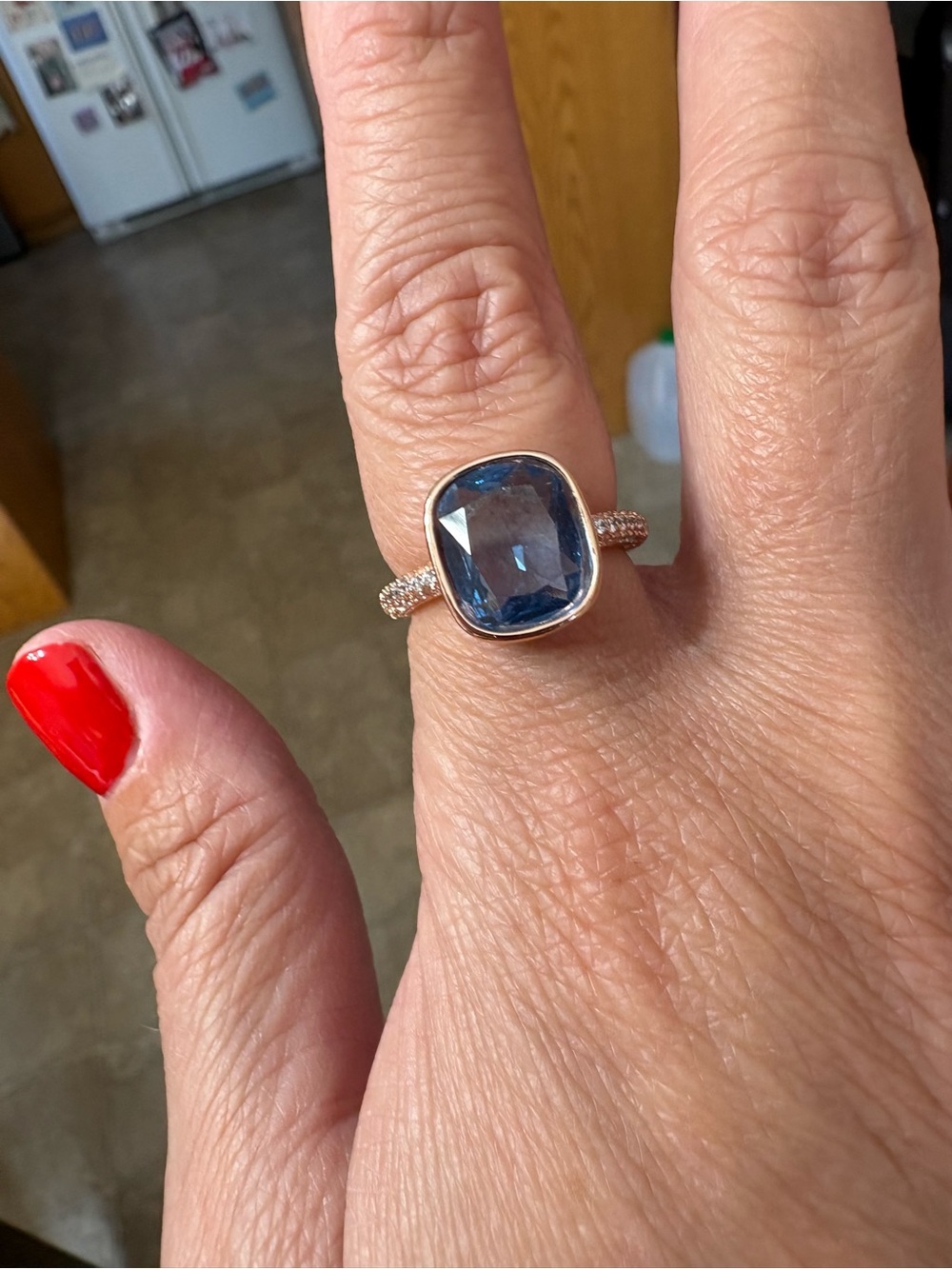 BP- Blue Cushion-Cut Gemstone Ring in Rose Gold- NO BAG OR TAG- size 9